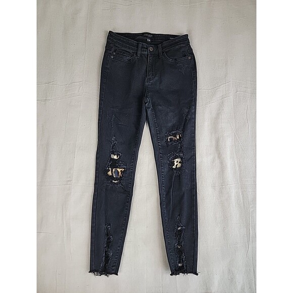 Judy Blue Jeans Womens 3 28x27 Skinny Stretch Ripped Animal Print Black Distress - Picture 1 of 16